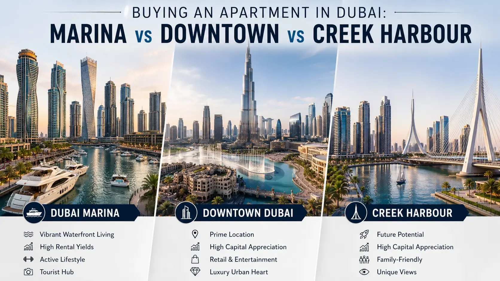 Dubai Marina vs Downtown vs Creek Harbour apartment investment comparison