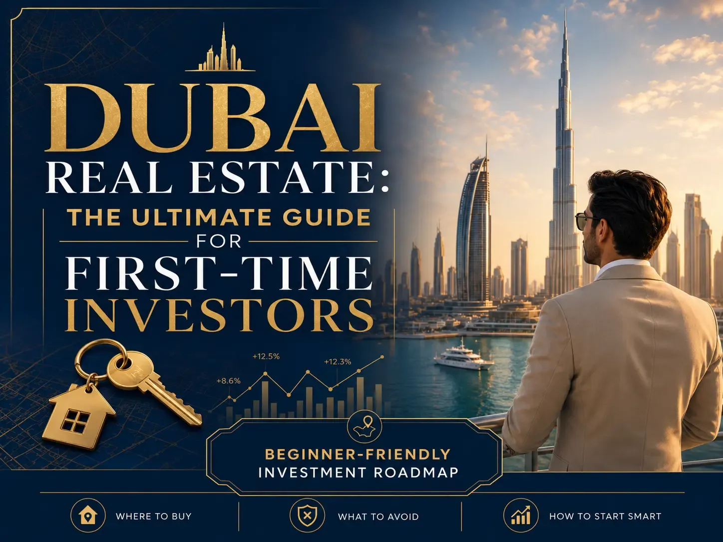 Dubai skyline with Burj Khalifa and golden keys — first-time investor guide cover